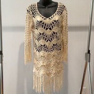 Cream Macrame Mini Dress with Fringe, Medium